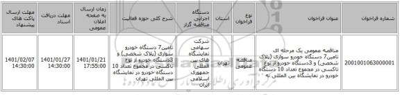 مناقصه عمومی یک مرحله ای تامین7 دستگاه خودرو سواری (پلاک شخصی)  و 3دستگاه خودرو از نوع تاکسی  در مجموع تعداد 10 دستگاه خودرو در نمایشگاه بین المللی ته