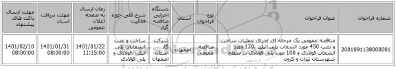 مناقصه عمومی یک مرحله ای اجرای عملیات ساخت و نصب 450 مورد انشعاب پلی اتیلن ،170 مورد انشعاب فولادی و 100 مورد پلی فولادی در سطح شهرستان تیران و کرون 