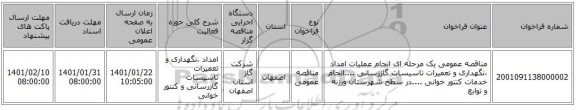 مناقصه عمومی یک مرحله ای انجام عملیات امداد ،نگهداری و تعمیرات تاسیسات گازرسانی ....انجام خدمات کنتور خوانی ....در سطح شهرستان ورزنه و توابع