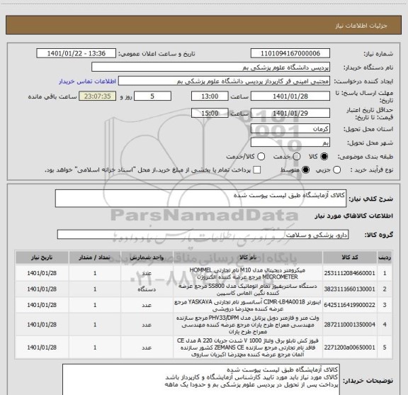 استعلام کالای آژمایشگاه طبق لیست پیوست شده