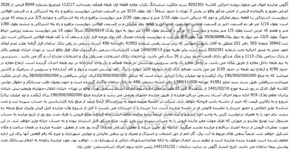 آگهی مزایده ششدانگ یکباب مغازه قطعه اول طبقه همکف بمساحت 112/17 مترمربع