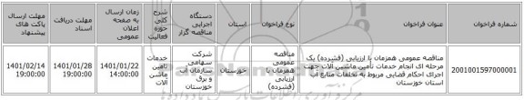 مناقصه عمومی همزمان با ارزیابی (فشرده) یک مرحله ای انجام خدمات تأمین ماشین آلات جهت اجرای احکام قضایی مربوط به تخلفات منابع آب استان خوزستان