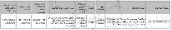 مناقصه عمومی یک مرحله ای حمل زباله بصورت مکانیزه از سکوی میانی ملارد به مقصد مرکز دفن اختر آباد (تجدید)