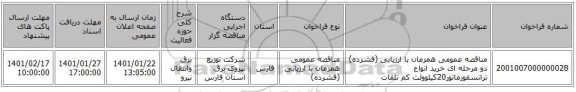 مناقصه عمومی همزمان با ارزیابی (فشرده) دو مرحله ای خرید انواع ترانسفورماتور20کیلوولت کم تلفات