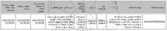 مناقصه عمومی یک مرحله ای مناقصه عمومی تنظیف رفت و روب ،جمع آوری زباله،گشت ویژه خدمات شهری و سایر امورات محوله شهرداری سردرود
