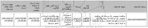 مناقصه عمومی یک مرحله ای مناقصه عمومی یک مرحله ای پروژه واگذاری احداث و نگهداری فضای سبز در محدوده و حریم شهر سردرود