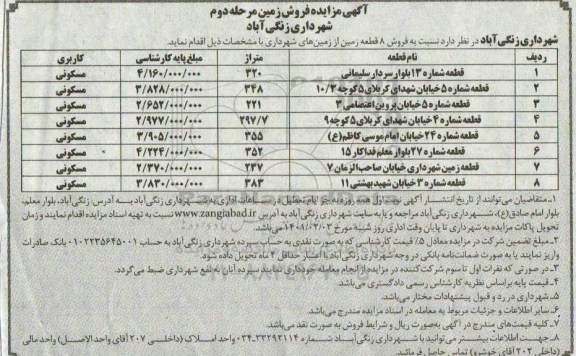 مزایده فروش 8 قطعه زمین - مرحله دوم