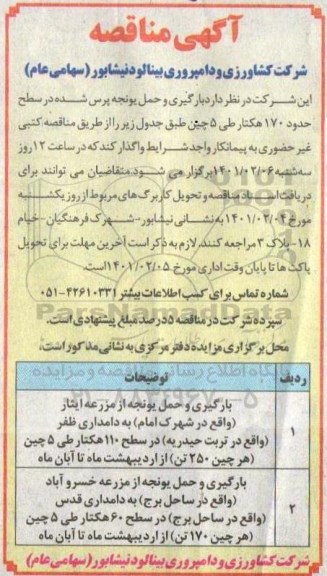 مناقصه، مناقصه بارگیری و حمل یونجه پرس شده 