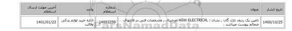 تامین یک ردیف  نازل گان , نشان : HSW ELECTRICAL‎ اورجینال , مشخصات فنی در فایلهای ضمائم پیوست میباشد .