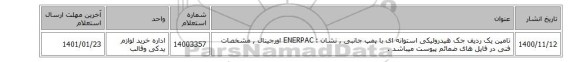 تامین یک ردیف جک هیدرولیکی استوانه ای  با پمپ جانبی , نشان :  ENERPAC اورجینال , مشخصات فنی در فایل های ضمائم پیوست میباشد .