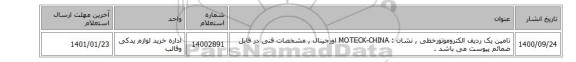 تامین یک ردیف الکتروموتور‎خطی‏  , نشان : MOTECK-CHINA  اورجینال , مشخصات فنی در فایل ضمائم  پیوست می باشد .