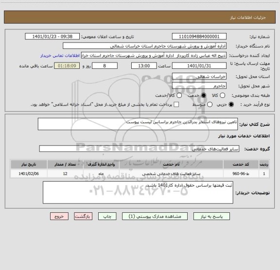 استعلام تامین نیروهای استخر بدرالدین جاجرم براساس لیست پیوست
