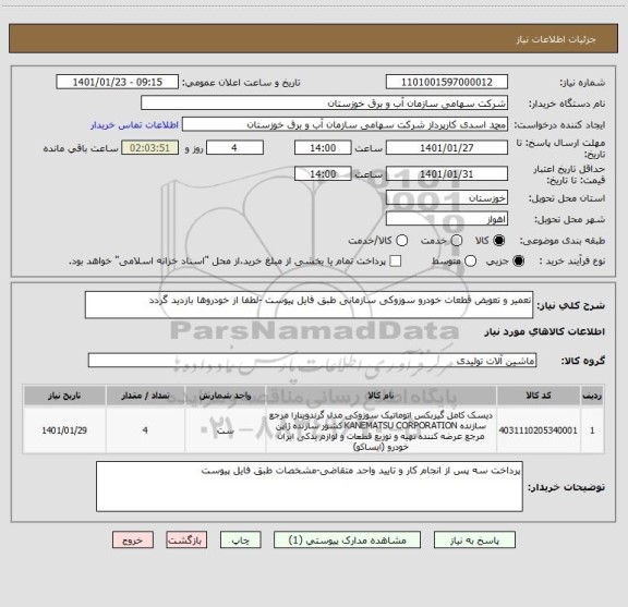 استعلام تعمیر و تعویض قطعات خودرو سوزوکی سازمانی طبق فایل پیوست -لطفا از خودروها بازدید گردد