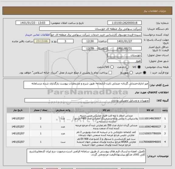 استعلام میز اداری-صندلی گردان- صندلی ثابت-کتابخانه- طبق شرح و مشخصات پیوست بارگذاری شده درسامانه