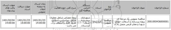 مناقصه عمومی یک مرحله ای پروژه زیرسازی و آسفالت خیابان شهدا و معابر فرعی متصل به آن
