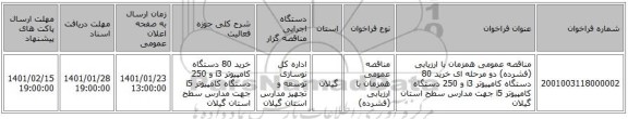 مناقصه عمومی همزمان با ارزیابی (فشرده) دو مرحله ای خرید 80 دستگاه کامپیوتر i3 و 250 دستگاه کامپیوتر i5 جهت مدارس سطح استان گیلان