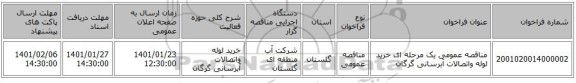 مناقصه عمومی یک مرحله ای خرید لوله واتصالات آبرسانی گرگان
