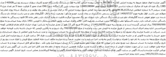 آگهی مزایده ششدانگ یکدستگاه خودرو کاربری سواری سیستم پژو تیپI 405GlX