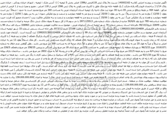 آگهی مزایده یک قطعه خانه نوع ملک طلق با کاربری مسکونی به پلاک ثبتی 1596 فرعی از 118 اصلی