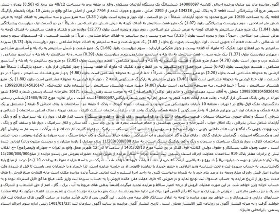 آگهی مزایده ششدانگ یک دستگاه آپارتمان مسکونی واقع در طبقه دوم به مساحت 48/12 متر مربع