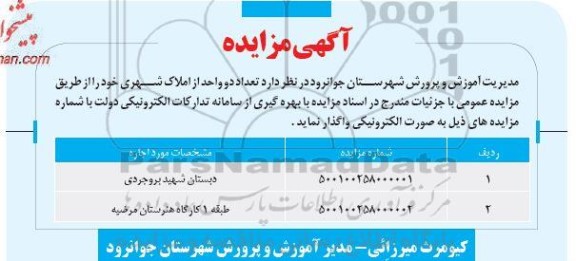 مزایده واگذاری دو واحد از املاک شهری