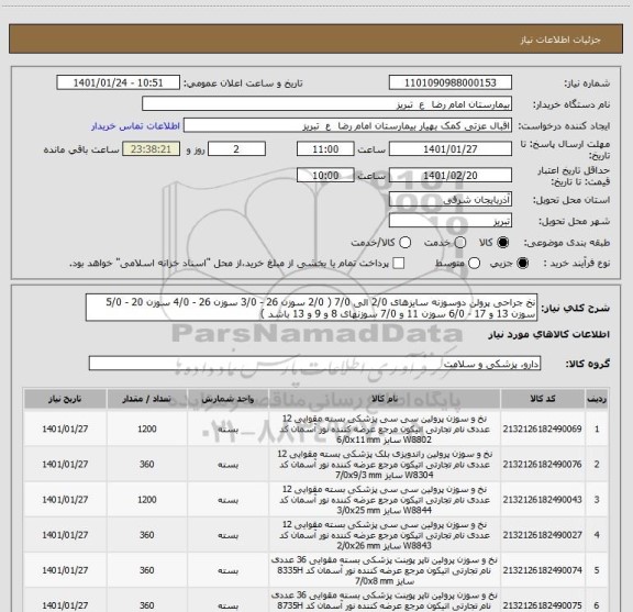استعلام نخ جراحی پرولن دوسوزنه سایزهای 2/0 الی 7/0 ( 2/0 سوزن 26 - 3/0 سوزن 26 - 4/0 سوزن 20 - 5/0 سوزن 13 و 17 - 6/0 سوزن 11 و 7/0 سوزنهای 8 و 9 و 13 باشد ) 