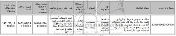 مناقصه عمومی همزمان با ارزیابی (فشرده) یک مرحله ای خرید تجهیزات آموزشی و کمک آموزشی مورد نیاز مدارس سطح استان (خرید 1 سری تجهیزات مورد نیاز استخر)
