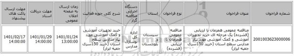 مناقصه عمومی همزمان با ارزیابی (فشرده) یک مرحله ای خرید تجهیزات آموزشی و کمک آموزشی مورد نیاز مدارس سطح استان (خرید 150سری جعبه ابزار)