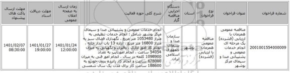 مناقصه عمومی همزمان با ارزیابی (فشرده) یک مرحله ای انجام خدمات عمومی و پشتیبانی صدا و سیمای مرکز بوشهر