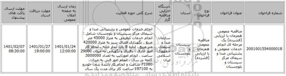 مناقصه عمومی همزمان با ارزیابی (فشرده) یک مرحله ای انجام خدمات عمومی و پشتیبانی صدا و سیمای مرکز سیستان و بلوچستان
