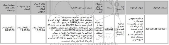 مناقصه عمومی همزمان با ارزیابی (فشرده) یک مرحله ای انجام خدمات عمومی و پشتیبانی صدا و سیمای مرکز خلیج فارس