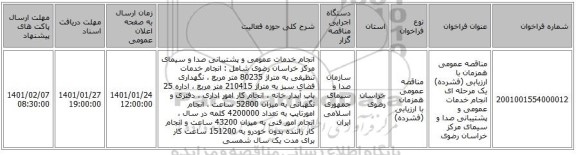 مناقصه عمومی همزمان با ارزیابی (فشرده) یک مرحله ای انجام خدمات عمومی و پشتیبانی صدا و سیمای مرکز خراسان رضوی
