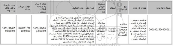 مناقصه عمومی همزمان با ارزیابی (فشرده) یک مرحله ای انجام خدمات عمومی و پشتیبانی صدا و سیمای مرکز خراسان جنوبی