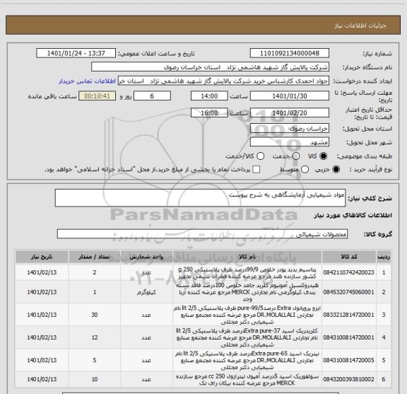 استعلام مواد شیمیایی آزمایشگاهی به شرح پیوست