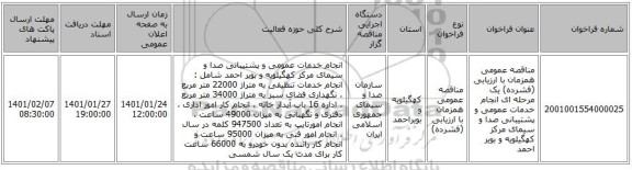 مناقصه عمومی همزمان با ارزیابی (فشرده) یک مرحله ای انجام خدمات عمومی و پشتیبانی صدا و سیمای مرکز کهگیلویه و بویر احمد