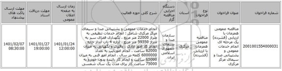 مناقصه عمومی همزمان با ارزیابی (فشرده) یک مرحله ای  انجام خدمات عمومی و پشتیبانی صدا و سیمای مرکز مرکزی