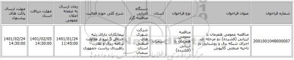 مناقصه عمومی همزمان با ارزیابی (فشرده) دو مرحله ای اجرای شبکه برق و روشنایی در ناحیه صنعتی کالپوش