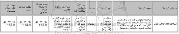 مناقصه عمومی همزمان با ارزیابی (فشرده) یک مرحله ای اجرای لوله گذاری شبکه جمع آوری فاضلاب خیابان شهید چاووشی شهرضا