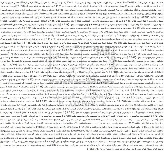 آگهی مزایده ششدانگ یک واحد آپارتمان بشماره ثبتی 138 فرعی از 4559 اصلی