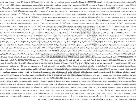 آگهی مزایده ششدانگ یک قطعه آپارتمان مسکونی نوع ملک طلق به پلاک ثبتی 5024 فرعی از 19 اصلی