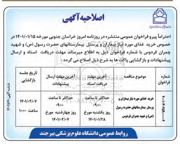 مناقصه خرید غذای مورد نیاز بیماران و پرسنل بیمارستان 