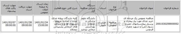مناقصه عمومی یک مرحله ای خرید  غذای مورد نیاز بیماران و پرسنل بیمارستانهای حضرت رسول (ص) و شهید چمران فردوس