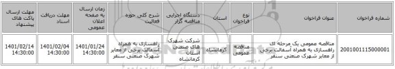 مناقصه عمومی یک مرحله ای راهسازی به همراه آسفالت برخی از معابر شهرک صنعتی سنقر