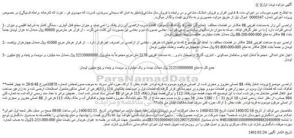 مزایده فروش اراضی آبی زار به مساحت تقریبی 98 هکتار در قطعات مختلف  (منابع آبی شامل 4 رشته قنات  