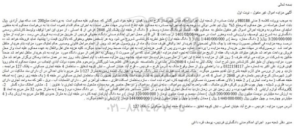 مزایده فروش دو دانگ مغازه وسط و 3 دانگ از طبقه اول پلاک ثبتی 2646 فرعی از 4 اصلی