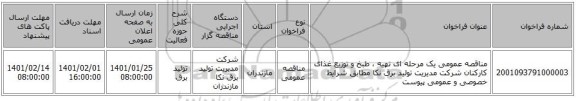 مناقصه عمومی یک مرحله ای تهیه ، طبخ و توزیع غذای کارکنان شرکت مدیریت تولید برق نکا مطابق شرایط خصوصی و عمومی پیوست  
