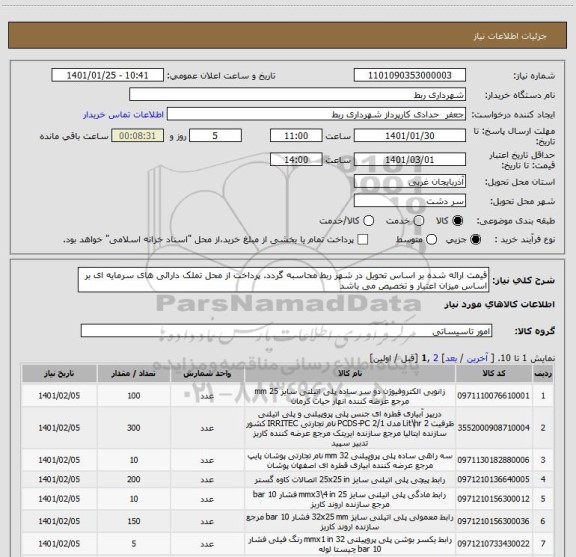 استعلام قیمت ارائه شده بر اساس تحویل در شهر ربط محاسبه گردد. پرداخت از محل تملک دارائی های سرمایه ای بر اساس میزان اعتبار و تخصیص می باشد