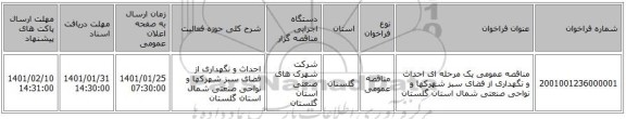 مناقصه عمومی یک مرحله ای احداث و نگهداری از فضای سبز شهرکها و نواحی صنعتی شمال استان گلستان