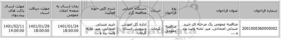 مناقصه عمومی یک مرحله ای خرید صندلی امتحانی، میز، تخته وایت برد و ...