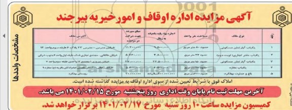 مزایده واگذاری یک باب آپارتمان مسکونی و ...